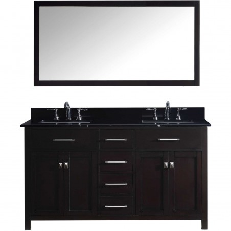 Caroline 60" Double Bathroom Vanity in Espresso with Black Galaxy Granite Top and Square Sink with Mirror