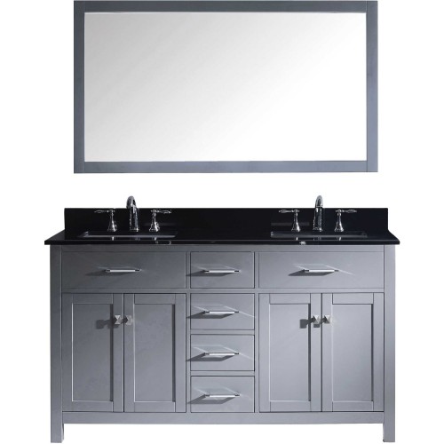 Caroline 60" Double Bathroom Vanity in Grey with Black Galaxy Granite Top and Square Sink with Mirror