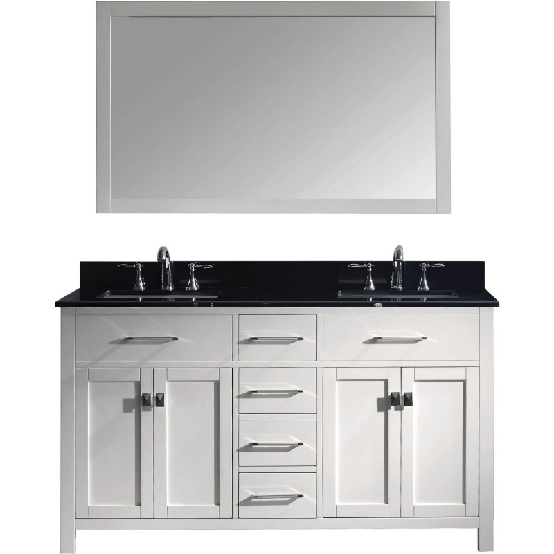 Caroline 60" Double Bathroom Vanity in White with Black Galaxy Granite Top and Square Sink with Mirror