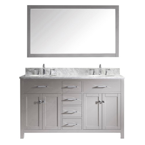 Caroline 60" Double Bathroom Vanity in Cashmere Grey with Marble Top and Round Sink with Mirror
