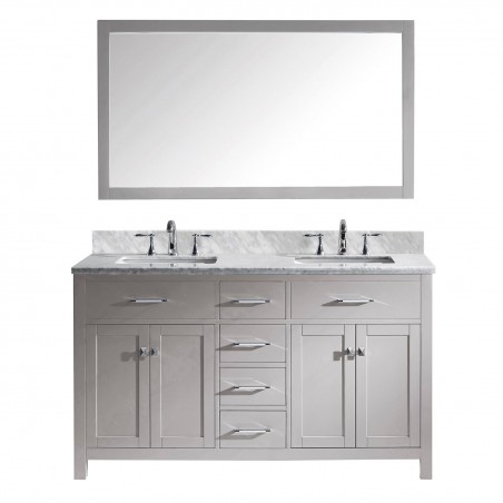 Caroline 60" Double Bathroom Vanity in Cashmere Grey with Marble Top and Square Sink with Mirror