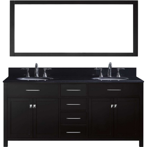 Caroline 72" Double Bathroom Vanity in Espresso with Black Galaxy Granite Top and Round Sink with Mirror