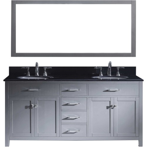 Caroline 72" Double Bathroom Vanity in Grey with Black Galaxy Granite Top and Round Sink with Mirror