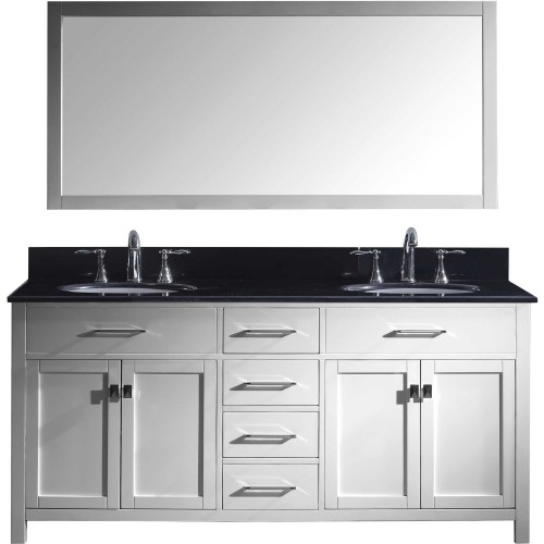 Caroline 72" Double Bathroom Vanity in White with Black Galaxy Granite Top and Round Sink with Mirror
