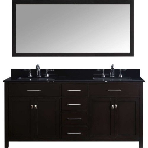 Caroline 72" Double Bathroom Vanity in Espresso with Black Galaxy Granite Top and Square Sink with Mirror