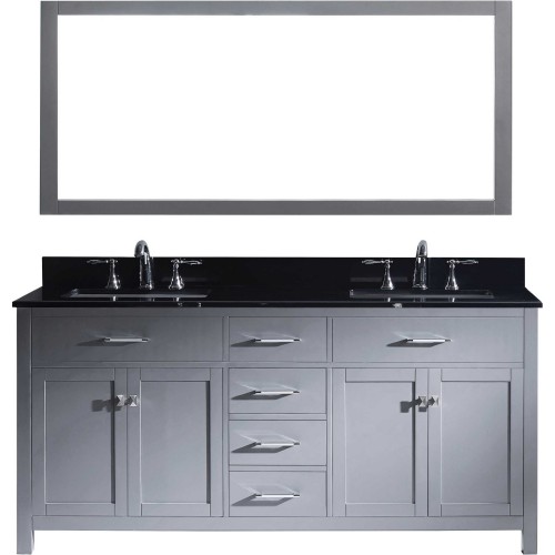 Caroline 72" Double Bathroom Vanity in Grey with Black Galaxy Granite Top and Square Sink with Mirror