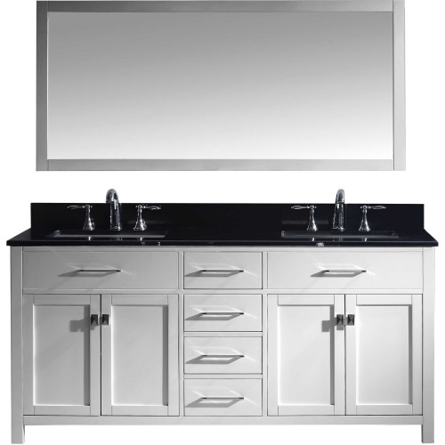 Caroline 72" Double Bathroom Vanity in White with Black Galaxy Granite Top and Square Sink with Mirror