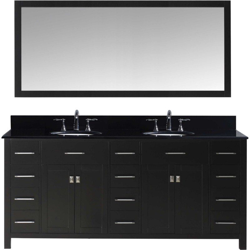 Caroline Parkway 72" Double Bathroom Vanity in Espresso with Black Galaxy Granite Top and Round Sink with Mirror