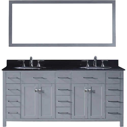 Caroline Parkway 72" Double Bathroom Vanity in Grey with Black Galaxy Granite Top and Round Sink with Mirror