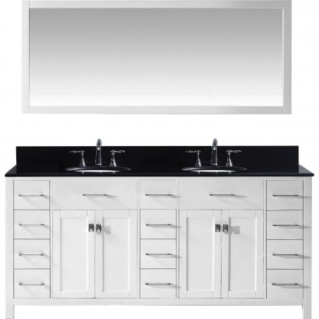 Caroline Parkway 72" Double Bathroom Vanity in White with Black Galaxy Granite Top and Round Sink with Mirror