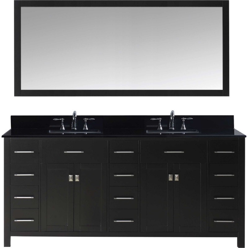 Caroline Parkway 72" Double Bathroom Vanity in Espresso with Black Galaxy Granite Top and Square Sink with Mirror