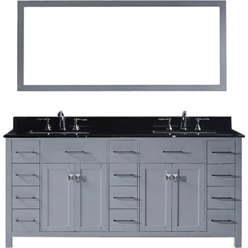 Caroline Parkway 72" Double Bathroom Vanity in Grey with Black Galaxy Granite Top and Square Sink with Mirror