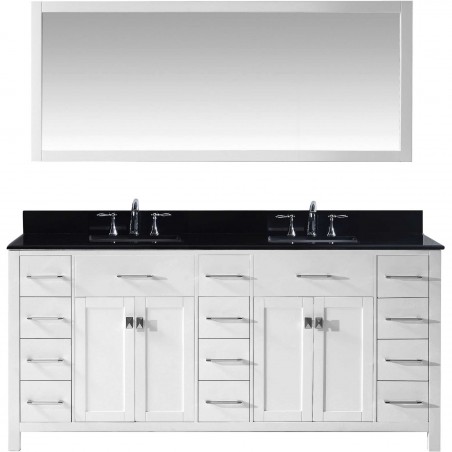 Caroline Parkway 72" Double Bathroom Vanity in White with Black Galaxy Granite Top and Square Sink with Mirror