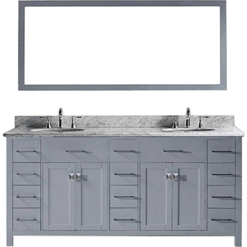 Caroline Parkway 72" Double Bathroom Vanity in Grey with Marble Top and Round Sink with Mirror