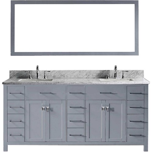 Caroline Parkway 72" Double Bathroom Vanity in Grey with Marble Top and Square Sink with Mirror