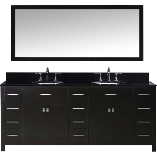 Caroline Parkway 78" Double Bathroom Vanity in Espresso with Black Galaxy Granite Top and Round Sink with Mirror