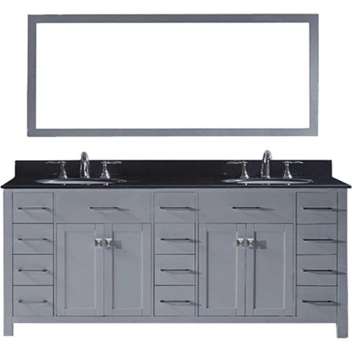 Caroline Parkway 78" Double Bathroom Vanity in Grey with Black Galaxy Granite Top and Round Sink with Mirror