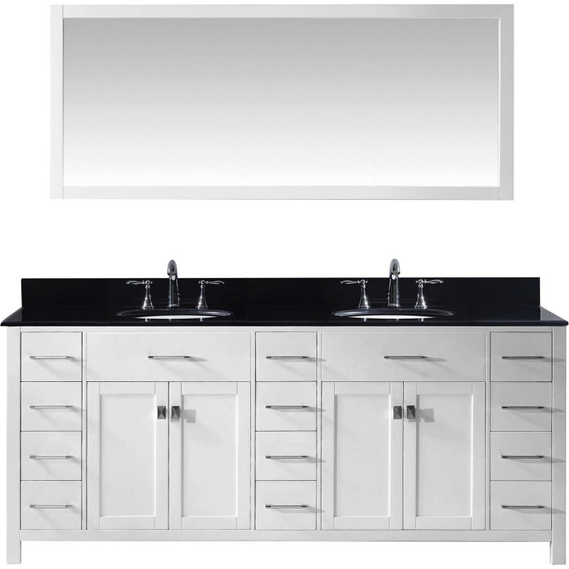 Caroline Parkway 78" Double Bathroom Vanity in White with Black Galaxy Granite Top and Round Sink with Mirror