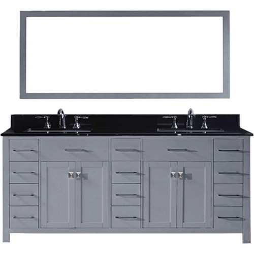 Caroline Parkway 78" Double Bathroom Vanity in Grey with Black Galaxy Granite Top and Square Sink with Mirror