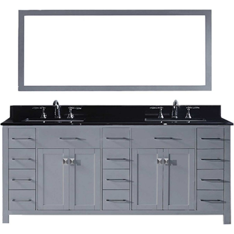 Caroline Parkway 78" Double Bathroom Vanity in Grey with Black Galaxy Granite Top and Square Sink with Mirror