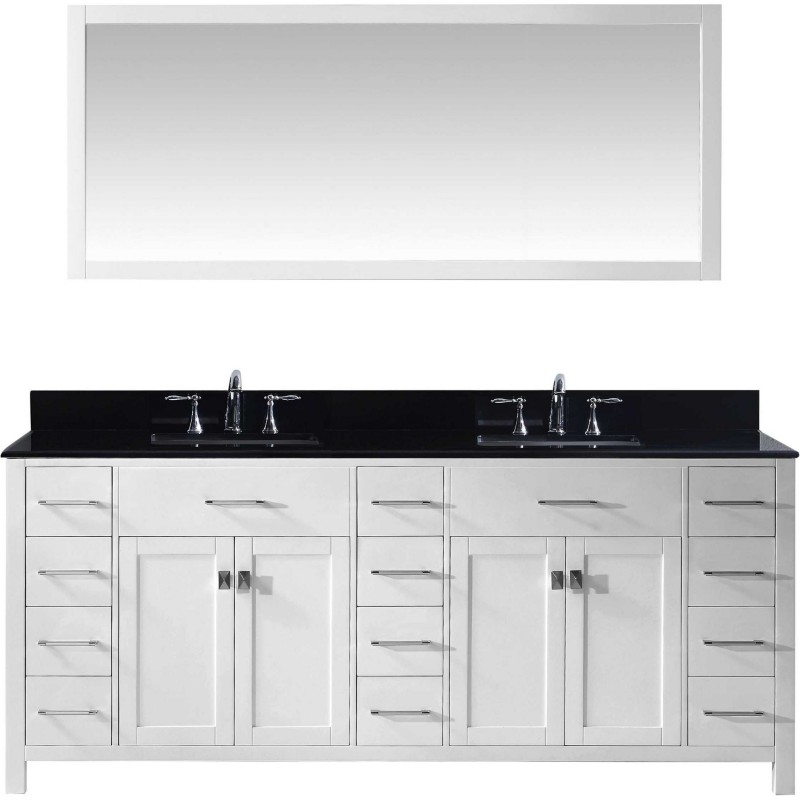 Caroline Parkway 78" Double Bathroom Vanity in White with Black Galaxy Granite Top and Square Sink with Mirror