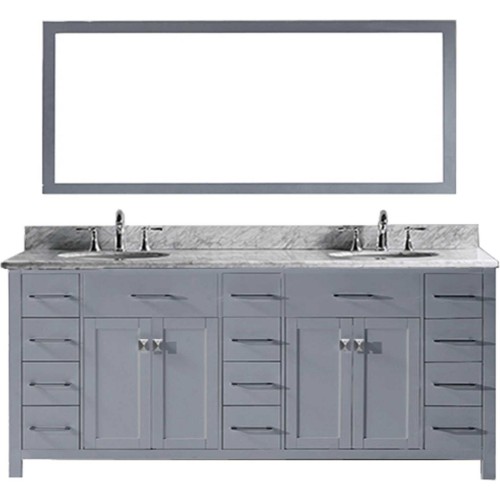 Caroline Parkway 78" Double Bathroom Vanity in Grey with Marble Top and Round Sink with Mirror