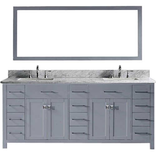 Caroline Parkway 78" Double Bathroom Vanity in Grey with Marble Top and Square Sink with Mirror