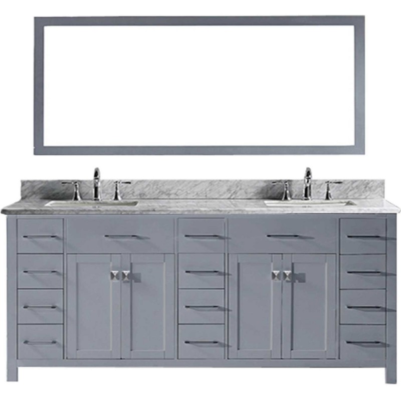 Caroline Parkway 78" Double Bathroom Vanity in Grey with Marble Top and Square Sink with Mirror