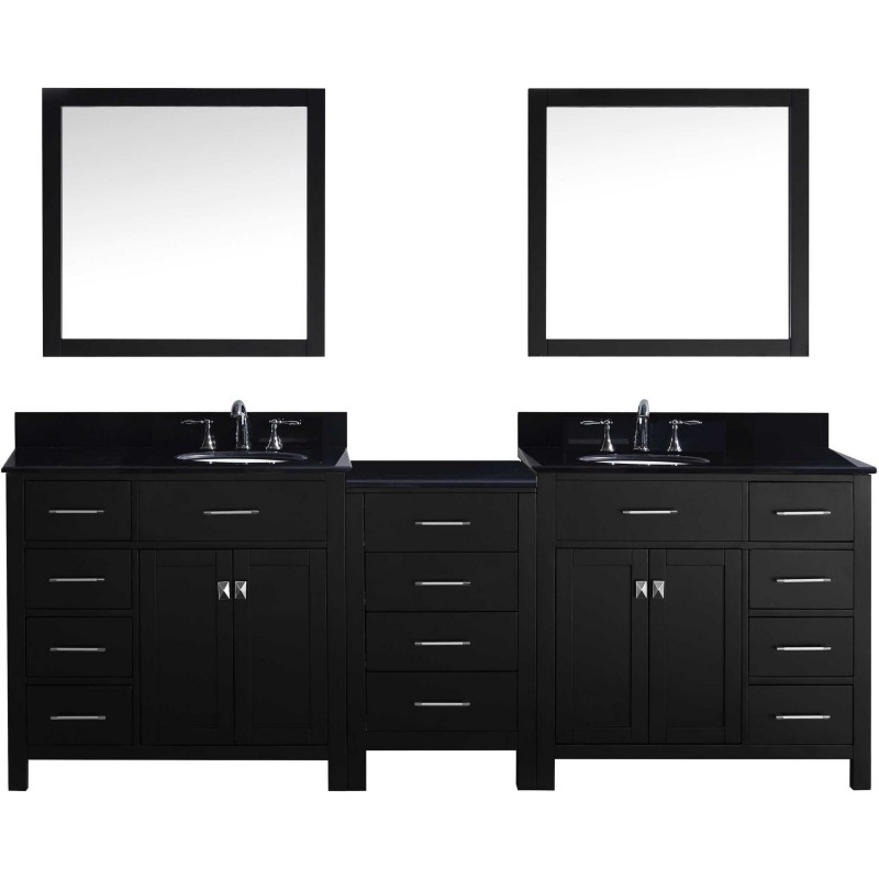 Caroline Parkway 93" Double Bathroom Vanity in Espresso with Black Galaxy Granite Top and Round Sink with Mirrors