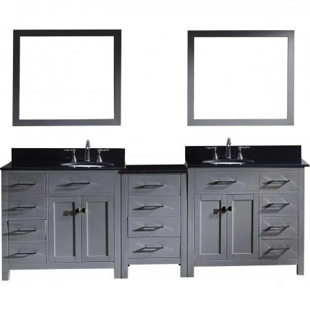 Caroline Parkway 93" Double Bathroom Vanity in Grey with Black Galaxy Granite Top and Round Sink with Mirrors