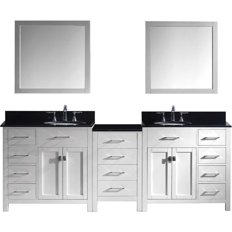 Caroline Parkway 93" Double Bathroom Vanity in White with Black Galaxy Granite Top and Round Sink with Mirrors