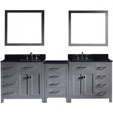 Caroline Parkway 93" Double Bathroom Vanity in Grey with Black Galaxy Granite Top and Square Sink with Mirrors