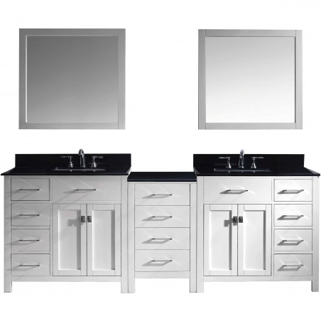 Caroline Parkway 93" Double Bathroom Vanity in White with Black Galaxy Granite Top and Square Sink with Mirrors