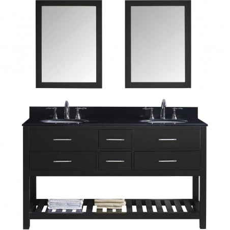 Caroline Estate 60" Double Bathroom Vanity in Espresso with Black Galaxy Granite Top and Round Sink with Mirrors