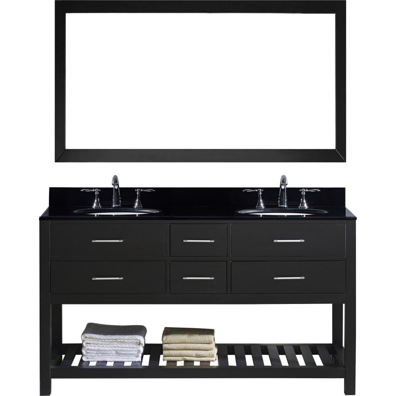 Caroline Estate 60" Double Bathroom Vanity in Espresso with Black Galaxy Granite Top and Round Sink with Mirror