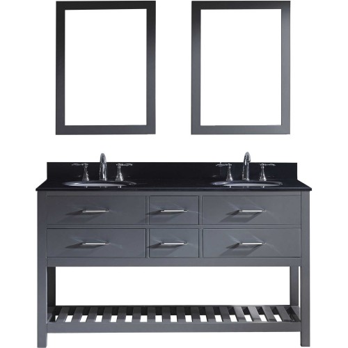 Caroline Estate 60" Double Bathroom Vanity in Grey with Black Galaxy Granite Top and Round Sink with Mirrors