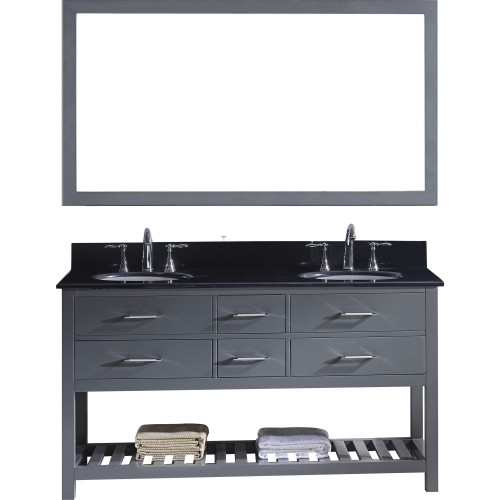 Caroline Estate 60" Double Bathroom Vanity in Grey with Black Galaxy Granite Top and Round Sink with Mirror