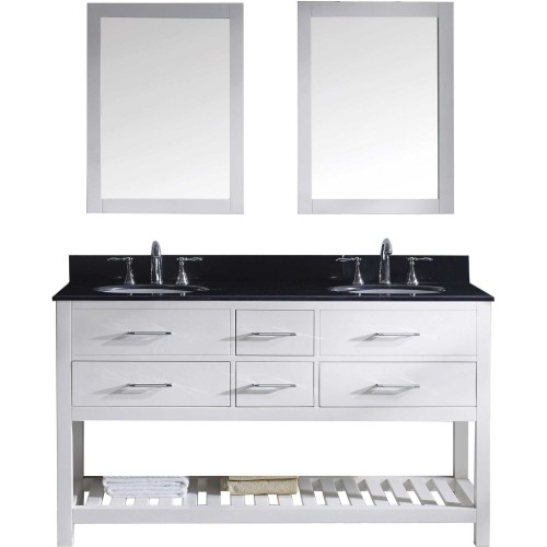 Caroline Estate 60" Double Bathroom Vanity in White with Black Galaxy Granite Top and Round Sink with Mirrors
