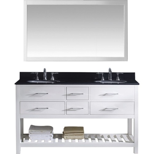 Caroline Estate 60" Double Bathroom Vanity in White with Black Galaxy Granite Top and Round Sink with Mirror