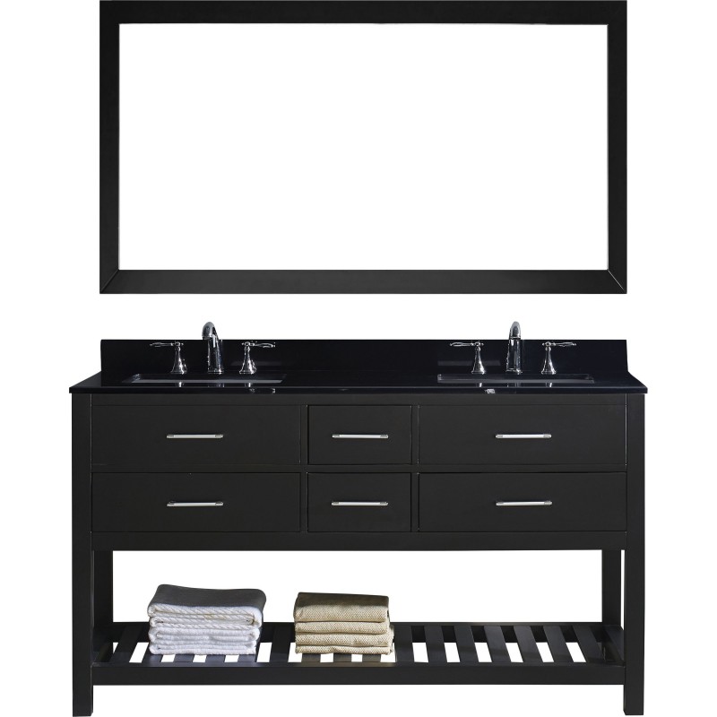 Caroline Estate 60" Double Bathroom Vanity in Espresso with Black Galaxy Granite Top and Square Sink with Mirror