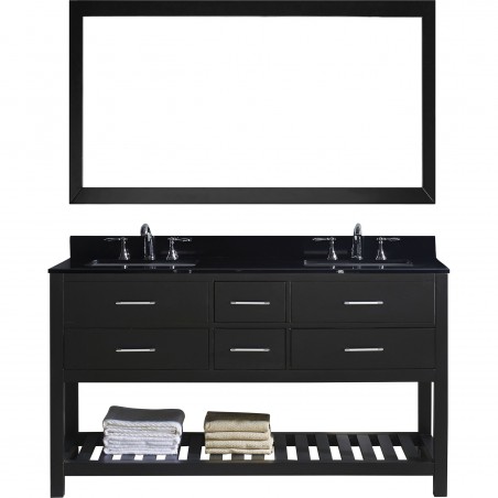 Caroline Estate 60" Double Bathroom Vanity in Espresso with Black Galaxy Granite Top and Square Sink with Mirror