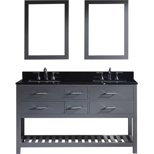 Caroline Estate 60" Double Bathroom Vanity in Grey with Black Galaxy Granite Top and Square Sink with Mirrors