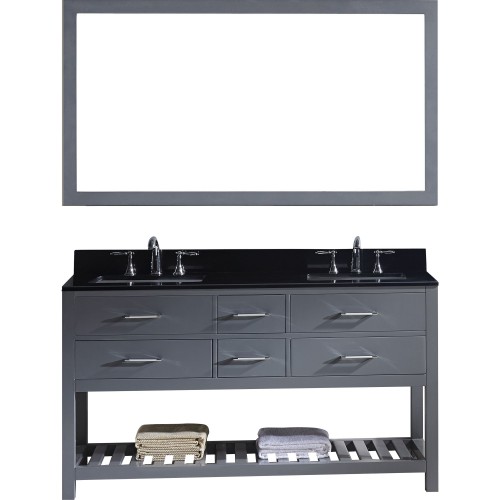 Caroline Estate 60" Double Bathroom Vanity in Grey with Black Galaxy Granite Top and Square Sink with Mirror