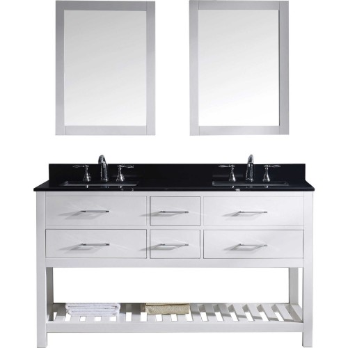 Caroline Estate 60" Double Bathroom Vanity in White with Black Galaxy Granite Top and Square Sink with Mirrors