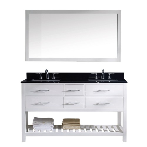 Caroline Estate 60" Double Bathroom Vanity in White with Black Galaxy Granite Top and Square Sink with Mirror