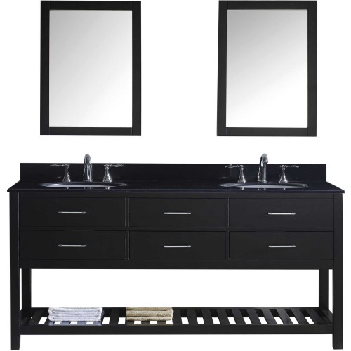 Caroline Estate 72" Double Bathroom Vanity in Espresso with Black Galaxy Granite Top and Round Sink with Mirrors