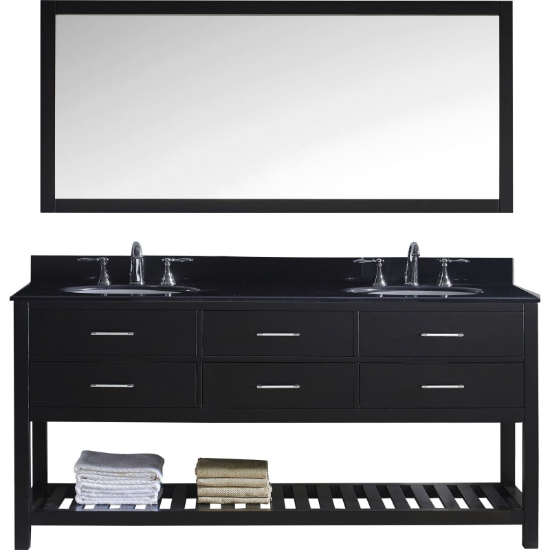 Caroline Estate 72" Double Bathroom Vanity in Espresso with Black Galaxy Granite Top and Round Sink with Mirror