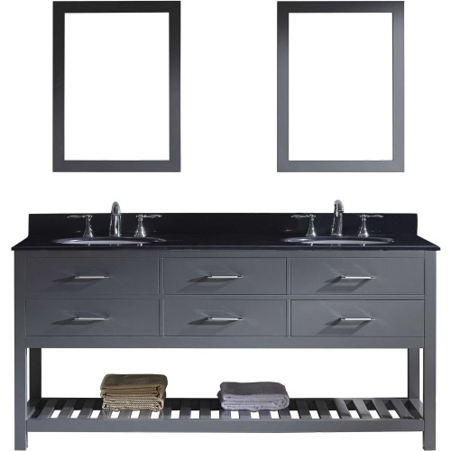 Caroline Estate 72" Double Bathroom Vanity in Grey with Black Galaxy Granite Top and Round Sink with Mirrors