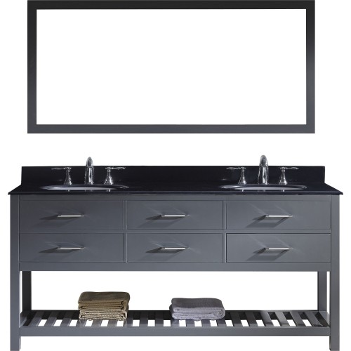 Caroline Estate 72" Double Bathroom Vanity in Grey with Black Galaxy Granite Top and Round Sink with Mirror