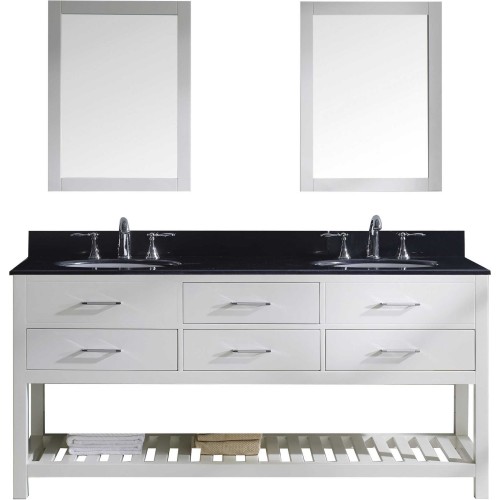 Caroline Estate 72" Double Bathroom Vanity in White with Black Galaxy Granite Top and Round Sink with Mirrors